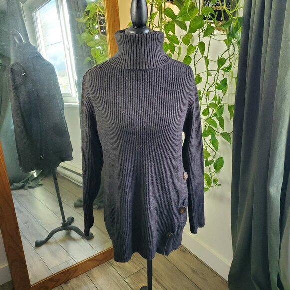 ZARA | Long Sleeve Turtleneck Buttoned Ribbed Black Sweater Dress (Size S) - Picture 2 of 11